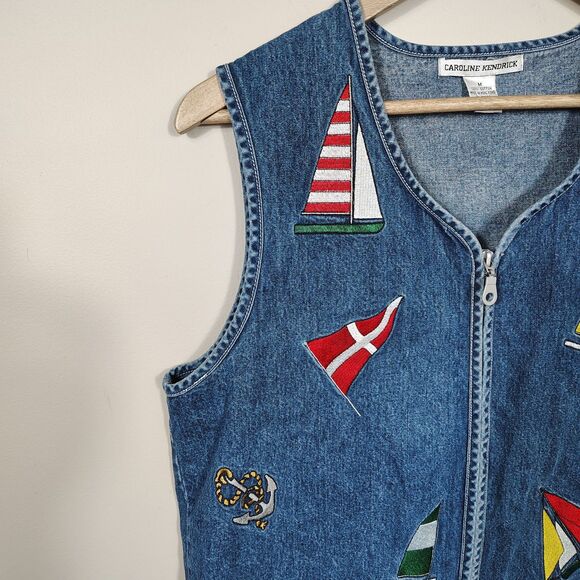 Vtg 90s Nautical Denim Vest Women’s MEDIUM Embroidered Sailboat Coastal Cottage - Picture 3 of 7